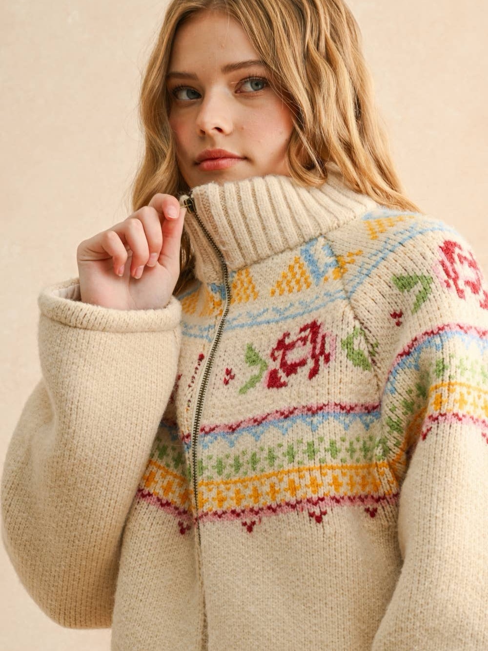 Anthropologie Cream Fair Isle Zip-Up Turtleneck Jacket
